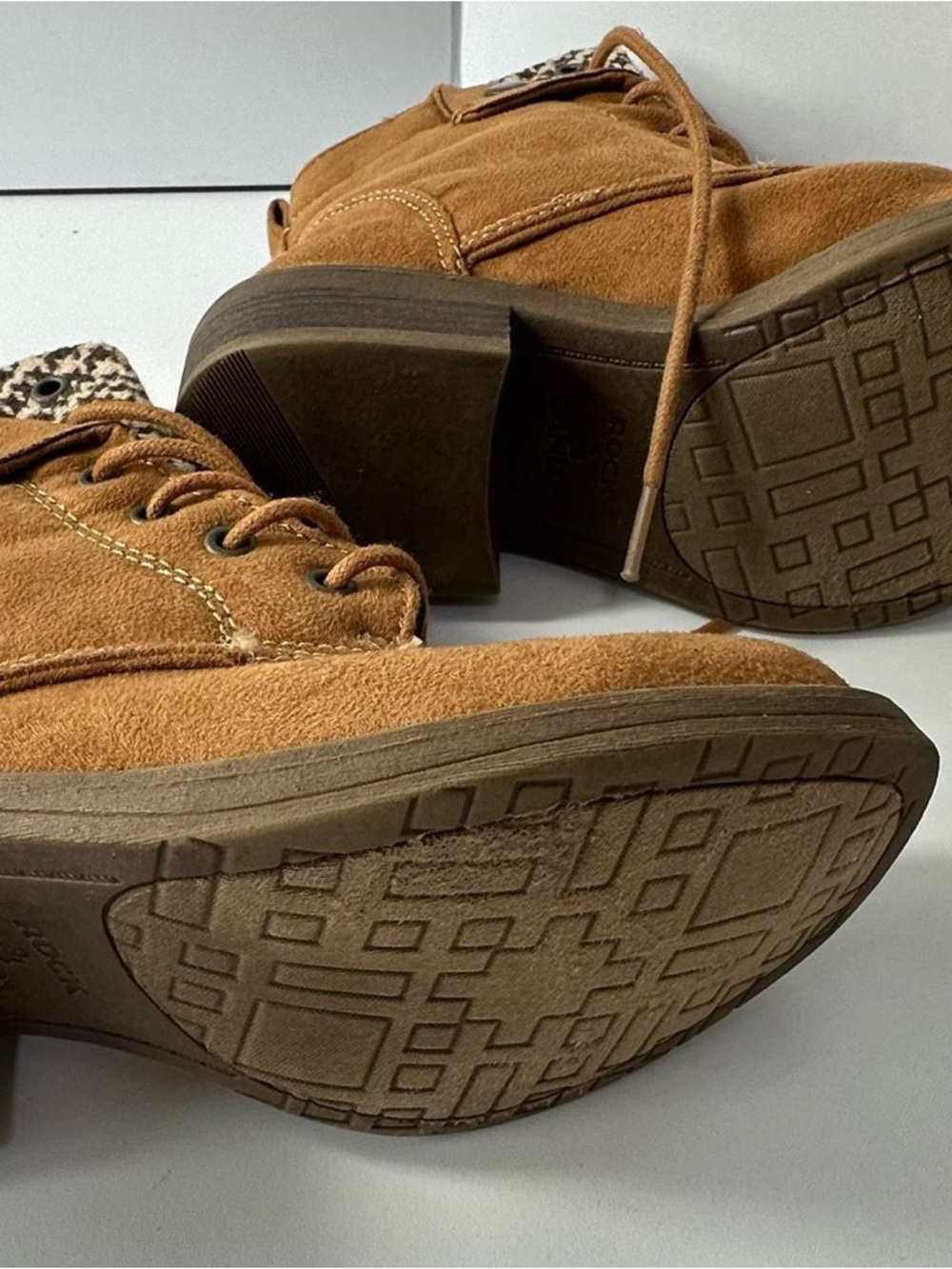 Women’s Tan Suede Lace-Up Ankle Boots with Patterned Collar - Picture 6 of 14
